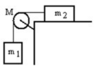 A mass m<sub>1</sub> is connected by a light string that passes over a pulley of mass M to a mass m<sub>2</sub> sliding on a frictionless horizontal surface as shown in the figure. There is no slippage between the string and the pulley. The pulley has a radius of 25.0 cm and a moment of inertia of ½ MR<sup>2</sup>. If m<sub>1</sub> is 1.00 kg, m<sub>2</sub> is 2.00 kg, and M is 4.00 kg, then what is the downward acceleration of m<sub>1</sub>?   A)  1.55 m/s<sup>2</sup> B)  1.96 m/s<sup>2</sup> C)  2.06 m/s<sup>2</sup> D)  2.33 m/s<sup>2</sup> E)  2.72 m/s<sup>2</sup>