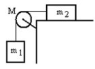 A mass m<sub>1</sub> is connected by a light string that passes over a pulley of mass M to a mass m<sub>2</sub> sliding on a frictionless horizontal surface as shown in the figure. There is no slippage between the string and the pulley. The pulley has a radius of 25.0 cm and a moment of inertia of ½ MR<sup>2</sup>. If m<sub>1</sub> is 1.00 kg, m<sub>2</sub> is 2.00 kg, and M is 4.00 kg, then what is the tension in the string attached to m<sub>1</sub>?   A)  6.83 N B)  7.03 N C)  7.84 N D)  8.02 N E)  8.33 N