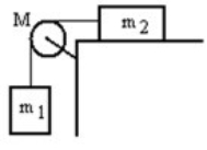 A mass m<sub>1</sub> is connected by a light string that passes over a pulley of mass M to a mass m<sub>2</sub> sliding on a frictionless horizontal surface as shown in the figure. There is no slippage between the string and the pulley. The pulley has a radius of 25.0 cm and a moment of inertia of ½ MR<sup>2</sup>. If m<sub>1</sub> is 4.00 kg, m<sub>2</sub> is 4.00 kg, and M is 4.00 kg, then what is the downward acceleration of m<sub>1</sub>?   A)  4.42 m/s<sup>2</sup> B)  3.92 m/s<sup>2</sup> C)  3.42 m/s<sup>2</sup> D)  3.04 m/s<sup>2</sup> E)  2.96 m/s<sup>2</sup>