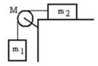 A mass m<sub>1</sub> is connected by a light string that passes over a pulley of mass M to a mass m<sub>2</sub> sliding on a frictionless horizontal surface as shown in the figure. There is no slippage between the string and the pulley. The pulley has a radius of 25.0 cm and a moment of inertia of ½ MR<sup>2</sup>. If m<sub>1</sub> is 4.00 kg, m<sub>2</sub> is 4.00 kg, and M is 4.00 kg, then what is the tension in the string attached to m<sub>2</sub>?   A)  10.4 N B)  12.6 N C)  15.7 N D)  17.6 N E)  19.8 N