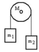 A mass m<sub>1</sub> is connected by a light string that passes over a pulley of mass M to a mass m<sub>2</sub> as shown in the figure. Both masses move vertically and there is no slippage between the string and the pulley. The pulley has a radius of 30.0 cm and a moment of inertia of MR<sup>2</sup>. If m<sub>1</sub> is 4.00 kg, m<sub>2</sub> is 3.00 kg and M is 6.00 kg, then what is the magnitude of the acceleration of the masses?   A)  0.695 m/s<sup>2</sup> B)  0.703 m/s<sup>2</sup> C)  0.731 m/s<sup>2</sup> D)  0.754 m/s<sup>2</sup> E)  0.805 m/s<sup>2</sup>