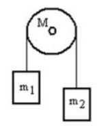 A mass m<sub>1</sub> is connected by a light string that passes over a pulley of mass M to a mass m<sub>2</sub> as shown in the figure. Both masses move vertically and there is no slippage between the string and the pulley. The pulley has a radius of 30.0 cm and a moment of inertia of MR<sup>2</sup>. If m<sub>1</sub> is 4.00 kg, m<sub>2</sub> is 3.00 kg and M is 6.00 kg, then what is the tension in the string that is attached to m<sub>1</sub>?   A)  36.2 N B)  44.6 N C)  58.2 N D)  60.6 N E)  74.5 N