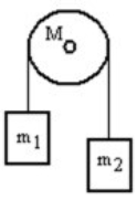 A mass m<sub>1</sub> is connected by a light string that passes over a pulley of mass M to a mass m<sub>2</sub> as shown in the figure. Both masses move vertically and there is no slippage between the string and the pulley. The pulley has a radius of 30.0 cm and a moment of inertia of MR<sup>2</sup>. If m<sub>1</sub> is 4.00 kg, m<sub>2</sub> is 3.00 kg and M is 6.00 kg, then what is the tension in the string that is attached to m<sub>2</sub>?   A)  20.7 N B)  25.5 N C)  31.7 N D)  35.2 N E)  41.3 N