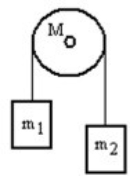 A mass m<sub>1</sub> is connected by a light string that passes over a pulley of mass M to a mass m<sub>2</sub> as shown in the figure. Both masses move vertically and there is no slippage between the string and the pulley. The pulley has a radius of 20.0 cm and a moment of inertia of ½ MR<sup>2</sup>. If m<sub>1</sub> is 3.00 kg, m<sub>2</sub> is 6.00 kg and M is 4.00 kg, then what is the tension in the string that is attached to mass m<sub>1</sub>?   A)  20.8 N B)  27.4 N C)  30.2 N D)  37.4 N E)  43.5 N