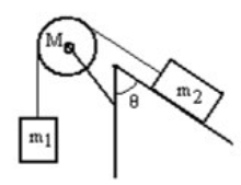 A mass m<sub>1</sub> is connected by a light string that passes over a pulley of mass M to a mass m<sub>2</sub> sliding on a frictionless incline as shown in the figure. There is no slippage between the string and the pulley. The pulley has a radius of 25.0 cm and a moment of inertia of ½ MR<sup>2</sup>. If m<sub>1</sub> is 2.00 kg, m<sub>2</sub> is 1.00 kg, M is 4.00 kg, and the angle is 60.0 degrees, then what is the acceleration of m<sub>1</sub>?   A)  3.98 m/s<sup>2</sup> down B)  3.27 m/s<sup>2</sup> down C)  3.15 m/s<sup>2</sup> down D)  2.94 m/s<sup>2</sup> down E)  1.64 m/s<sup>2</sup> down