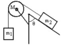 A mass m<sub>1</sub> is connected by a light string that passes over a pulley of mass M to a mass m<sub>2</sub> sliding on a frictionless incline as shown in the figure. There is no slippage between the string and the pulley. The pulley has a radius of 25.0 cm and a moment of inertia of ½ MR<sup>2</sup>. If m<sub>1</sub> is 1.00 kg, m<sub>2</sub> is 2.00 kg, M is 4.00 kg, and the angle is 60.0 degrees, then what is the acceleration of m<sub>1</sub>?   A)  0.00 m/s<sup>2</sup> B)  1.20 m/s<sup>2</sup> C)  1.80 m/s<sup>2</sup> D)  2.20 m/s<sup>2</sup> E)  2.80 m/s<sup>2</sup>