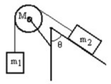 A mass m<sub>1</sub> is connected by a light string that passes over a pulley of mass M to a mass m<sub>2</sub> sliding on a frictionless incline as shown in the figure. There is no slippage between the string and the pulley. The pulley has a radius of 30.0 cm and a moment of inertia of MR<sup>2</sup>. If m<sub>1</sub> is 4.00 kg, m<sub>2</sub> is 4.00 kg, M is 4.00 kg, and the angle is 70.0 degrees, then what is the acceleration of m<sub>1</sub>?   A)  3.10 m/s<sup>2</sup> down B)  2.89 m/s<sup>2</sup> down C)  2.43 m/s<sup>2</sup> down D)  2.15 m/s<sup>2</sup> down E)  1.49 m/s<sup>2</sup> down