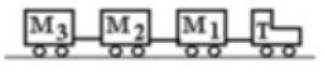 <strong>In the figure, an airport luggage carrying train with a tractor T is pulling three luggage carts, M<sub>1</sub>, M<sub>2</sub>, and M<sub>3</sub>, with constant velocity of 4.5 m/s. If T = 300 kg, M<sub>1</sub> = 200 kg, M<sub>2</sub> = 100 kg, and M<sub>3</sub> = 100 kg (there is no friction), then the force in the connection between the tractor T and cart M<sub>1</sub> is </strong> A) 980 N. B) 560 N. C) 280 N. D) 140 N. E) 0.00 N.