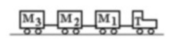 In the figure, an airport luggage-carrying train with a tractor T is pulling three luggage carts, M<sub>1</sub>, M<sub>2</sub>, and M<sub>3</sub> with an acceleration of 1.2 m/s<sup>2</sup>. If T = 300 kg, M<sub>1</sub> = 200 kg, M<sub>2</sub> = 100 kg, and M<sub>3</sub> = 100 kg, and air resistance is negligible, then the tension in the connection between cart M<sub>2</sub> and cart M<sub>1</sub> is   A)  840 N. B)  480 N. C)  240 N. D)  120 N. E)  0 N.