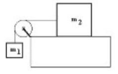 Two masses are connected by a cord that passes over a pulley as shown in the figure. The pulley and cord have negligible mass and m<sub>2</sub> (2.0 kg)  moves on a horizontal surface without friction, while m<sub>1</sub> (2.0 kg)  is suspended vertically. What is the acceleration of m<sub>1</sub>?   A)  3.9 m/s<sup>2</sup> downward B)  12 m/s<sup>2</sup> downward C)  6.0 m/s<sup>2</sup> downward D)  4.9 m/s<sup>2</sup> downward