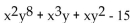 Determine the degree of each term of the polynomial. -  A)    : degree   : degree   degree 3; -15: degree 0 B)    degree   degree   : degree 1; -15: degree 0 C)    degree 1   : degree   degree 2; 15: degree 0 D)    degree   degree   degree 2; 15: degree 0