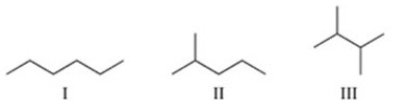 Arrange the alkanes in the figure in order of increasing boiling point.   A) I < II < III B) I < III < II C) II < I < III D) II < III < I E) III < II < I