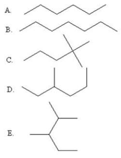 Select the line drawing for 2,3-dimethylpentane.   A) A B) B C) C D) D E) E