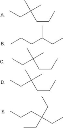 Select the line drawing for 3,3-diethylhexane.   A) A B) B C) C D) D E) E