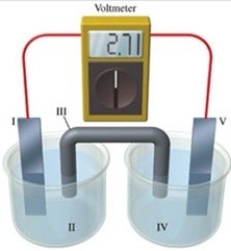 Consider a voltaic cell that corresponds to the following reaction: Mg(s) + Sn<sup>2+</sup>(aq) → Mg<sup>2+</sup>(aq) + Sn(s) If this reaction takes place in the electrochemical cell shown in the figure, which of the following statements is incorrect?   A) I is the magnesium electrode, which is the anode. B) II is the Mg<sup>2+</sup> solution. C) III is the salt bridge. D) IV contains the substance that is being oxidized. E) V is the tin electrode, which is the cathode.