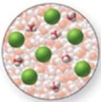 The image shows a molecular-level representation of part of a solution after HCl is dissolved in water. What best describes this image? (Besides water, there are 6 H<sub>3</sub>O<sup>+</sup> ions and 6 Cl<sup>−</sup> ions present in the solution.) Which of the following best describes HCl?   A) strong acid B) strong base C) weak acid D) weak base E) amphoteric