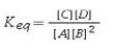 What is the balanced chemical equation that corresponds to the equilibrium constant expression (assuming a homogeneous equilibrium in the gas state) ?   A) A + B<sub>2</sub> ⇌ C + D B) A + 2B ⇌ C + D C) C + D ⇌ A + B D) C + D ⇌ A + B<sub>2</sub> E) C + D ⇌ A + 2B