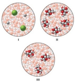 The images represent a solution of NaCl, a solution of glucose, and a more dilute solution of glucose. Rank the aqueous solutions in order of highest to lowest freezing point.   A) I > II > III B) II > I > III C) II > III > I D) III > II > I E) III > I > II