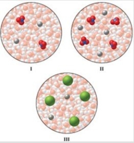 The images represent a solution of NaNO<sub>3</sub>, a more concentrated solution of NaNO<sub>3</sub>, and an MgCl<sub>2</sub> solution. Rank the aqueous solutions in order of highest to lowest freezing point.   A) I > II > III B) II > I > III C) III > II > I D) I > III > II E) III > I > II
