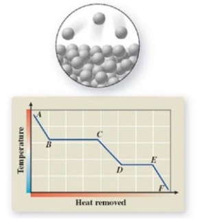 The pictured change of state occurs at constant temperature even though heat is being removed. Where does this change of state occur on the cooling curve?   A) AB B) BC C) CD D) DE E) EF