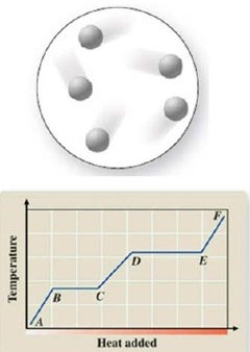 The diagram represents the physical state of a substance. Where does this physical state occur on the heating curve?   A) AB B) BC C) CD D) DE E) EF