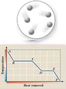 The diagram represents the physical state of a substance. Where does this physical state occur on the cooling curve?   A) AB B) BC C) CD D) DC E) EF