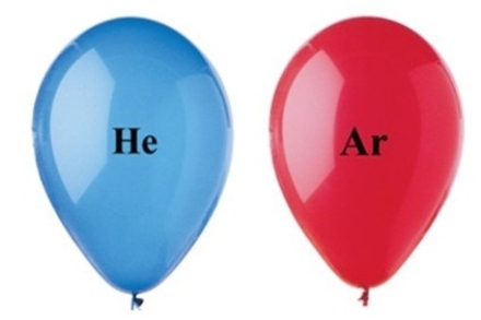 The two balloons shown in the figure have the same volume, and are at the same temperature and pressure. Which balloon has the greater number of gas particles, and why?   A) The Ar balloon has fewer molecules than the He balloon. B) The density of the Ar balloon is greater than the density of the He balloon. C) The mass of the He balloon is greater than the mass of the Ar balloon. D) The CO<sub>2</sub> balloon is more buoyant than the O<sub>2</sub> balloon. E) The He balloon has fewer moles than the He balloon.