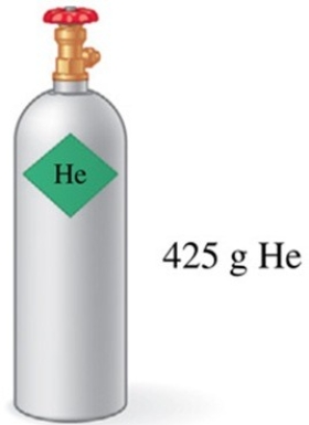 Assuming that all of the gas in the tank in the figure is used to fill balloons with an average volume of 2.0 L of helium, approximately how many balloons could be filled at STP?   A) about 45 balloons B) about 106 balloons C) about 210 balloons D) about 850 balloons E) about 1200 balloons