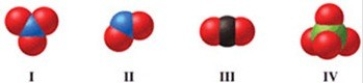 Which of the molecules in the figure has unshared electron pairs on the central atom?   A) I, II, and III B) I and II C) I, III, and IV D) II only E) not enough information