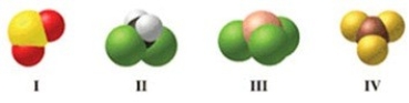 Which of the molecules in the figure has unshared electron pairs on the central atom?   A) II and III B) I and III C) I, II, and III D) I, II, III, and IV E) not enough information
