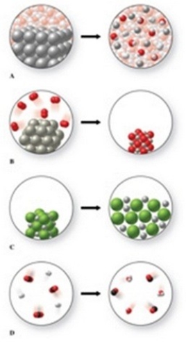 The gases carbon dioxide and hydrogen can react together to form carbon monoxide gas and water vapor. Which of the diagrams in the figure could be used to represent this reaction?   A) D B) A C) B D) none of these E) C