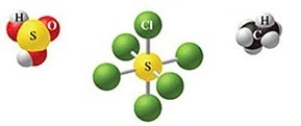 Which of the following sets of formulas is correct for the molecules in the figure?   A) H<sub>2</sub>SO<sub>3</sub>, SCl<sub>5</sub>, C<sub>2</sub>H<sub>5</sub> B) H<sub>2</sub>SO<sub>4</sub>, SCl<sub>5</sub>, C<sub>2</sub>H<sub>5</sub> C) H<sub>2</sub>SO<sub>4</sub>, SCl<sub>6</sub>, C<sub>2</sub>H<sub>6</sub> D) H<sub>2</sub>SO<sub>4</sub>, SCl<sub>6</sub>, CH<sub>6</sub> E) H<sub>2</sub>SO<sub>3</sub>, SCl<sub>6</sub>, C<sub>2</sub>H<sub>6</sub>