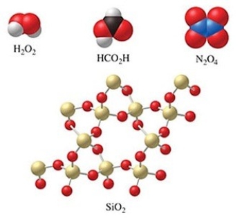 Which of the molecules in the figure have an empirical formula that is different from their molecular formula?   A) H<sub>2</sub>O<sub>2</sub>, N<sub>2</sub>O<sub>4</sub>, and HCO<sub>2</sub>H B) SiO<sub>2</sub> C) H<sub>2</sub>O<sub>2</sub> and N<sub>2</sub>O<sub>4</sub> D) all of the compounds E) none of the compounds