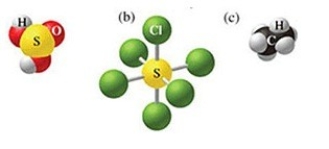 What is the formula of the molecule in the figure (b)below? Indicate the values of the subscripts in the generic formula S<sub>x</sub>Cl<sub>y</sub>.  