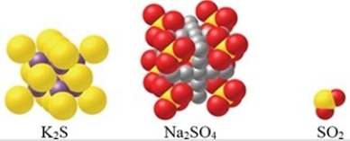 Which of the substances shown in the figure is an ionic compound?   A) K<sub>2</sub>S B) Na<sub>2</sub>SO<sub>4</sub> C) SO<sub>2</sub> D) Both Na<sub>2</sub>SO<sub>4</sub> and SO<sub>2</sub> E) Both K<sub>2</sub>S and Na<sub>2</sub>SO<sub>4</sub>