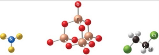 The correct formulas for the compounds in the figure are:   A) NF<sub>3</sub>, P<sub>4</sub>O<sub>10</sub>, C<sub>2</sub>H<sub>4</sub>Cl<sub>2</sub> B) NF<sub>3</sub>, P<sub>4</sub>O<sub>8, </sub>C<sub>2</sub>H<sub>4</sub>Cl<sub>2</sub> C) NF<sub>3</sub>, P<sub>4</sub>O<sub>10</sub>, C<sub>2</sub>H<sub>2</sub>Cl<sub>4</sub> D) NF<sub>4</sub>, P<sub>3</sub>O<sub>10</sub>, C<sub>2</sub>H<sub>2</sub>Cl<sub>4</sub> E) NF<sub>4</sub>, P<sub>3</sub>O<sub>10</sub>, C<sub>2</sub>H<sub>2</sub>Cl<sub>2</sub>