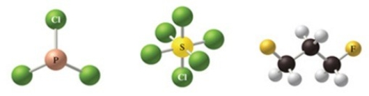 The correct formulas for the compounds in the figure are:   A) Cl<sub>3</sub>P, Cl<sub>6</sub>S, C<sub>3</sub>H<sub>2</sub>F<sub>6</sub> B) PCl<sub>3</sub>, SCl<sub>6</sub>, C<sub>3</sub>H<sub>6</sub>F<sub>2</sub> C) PCl<sub>3</sub>, SCl<sub>4</sub>, C<sub>3</sub>H<sub>6</sub>F<sub>3</sub> D) P<sub>3</sub>Cl, S<sub>6</sub>Cl, C<sub>3</sub>H<sub>6</sub>F<sub>2</sub> E) PCl<sub>3</sub>, SCl<sub>8</sub>, C<sub>3</sub>H<sub>6</sub>F<sub>2</sub>