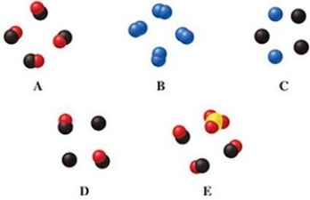 Which image(s) in the figure represents a pure elemental substance?   A) image A B) image B C) image C D) images A and B E) image E