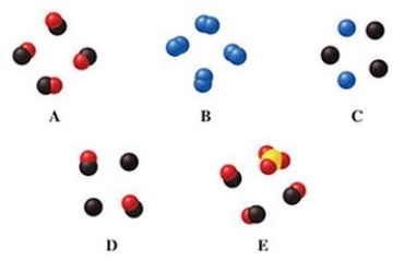 Which image(s) in the figure represents a mixture of compounds?   A) image A B) images A and E C) image C D) image D E) image E