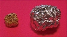 The samples shown in the figure have the same mass. Which one has the greater density, the one on the left or the one on the right?  