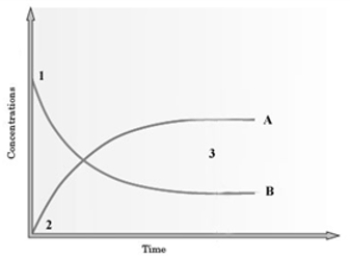Consider the following graph.   The graph is based on data collected from the following reaction.   At what point on the graph does the rate of the forward reaction equal the rate of the reverse reaction? A)  1 B)  2 C)  3 D)  The point of intersection of A and B