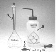 The following photograph shows the laboratory apparatus required for preparing an aqueous solution of the hypothetical compound AB (150.5 g/mol) . What will be the molarity of the solution when the preparation is complete?   A)  51.0 M B)  0.00510 M C)  0.339 M D)  0.00339 M