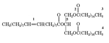 Examine the following structure.   Which number in the diagram represents an ester linkage? A)  1 B)  2 C)  3 D)  4 E)  5