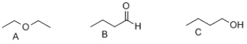 What is the correct order of boiling points of the following compounds?   A)  A > B > C B)  C > B > A C)  B > A > C D)  A > C > B