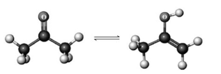Answer the following question based on the given ball-and-stick models. Atoms other than carbon and hydrogen are labeled with the symbol of the element.   Which of the following is represented in this reaction? A)  a pair of enantiomers B)  a pair of cis-trans isomers C)  the resonance structure of a compound D)  a pair of keto-enol tautomers E)  none of these