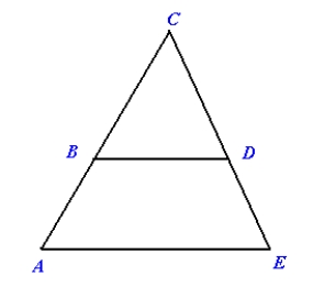 Given BD||AE, BD measures 8 cm, AE measures 12 cm, and AC measures 11 cm, find the length of BC.   Round your answer to the nearest tenth. A)  7.3 cm B)  8.7 cm C)  8.1 cm D)  16.5 cm E)  7.8 cm