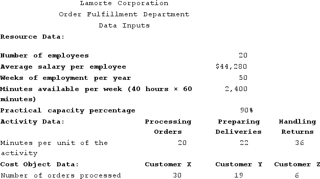 Lamorte Corporation is conducting a time-driven activity-based costing study in its Order Fulfillment Department. The company has provided the following data to aid in that study:   On the Customer Cost Analysis report in time-driven activity-based costing, the Processing Orders cost assigned to Customer Y would be closest to: A)  $155.80 B)  $104.78 C)  $150.33 D)  $8.20