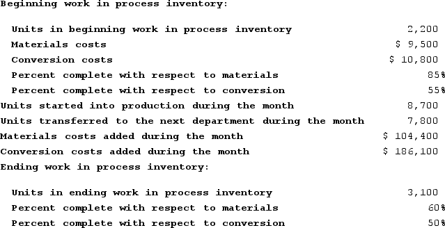 Haffner Corporation uses the weighted-average method in its process costing system. Data concerning the first processing department for the most recent month are listed below:   The cost of ending work in process inventory in the first processing department according to the company's cost system is closest to: (Round Cost per equivalent unit to 3 decimal places.)  A)  $65,192 B)  $54,573 C)  $90,043 D)  $58,979