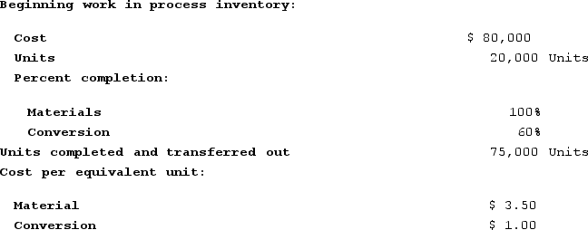 Roger Corporation uses the first-in, first-out method in its process costing system. The following data are taken from the accounting records of a particular department for June:   The cost of the 75,000 units transferred out of the department during June is closest to: A)  $302,500 B)  $263,000 C)  $335,500 D)  $337,500