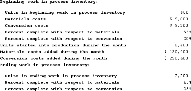 Qu Corporation uses the first-in, first-out method in its process costing system. Data concerning the first processing department for the most recent month are listed below:   The cost per equivalent unit for conversion costs for the first department for the month is closest to: A)  $29.89 B)  $34.07 C)  $31.07 D)  $31.38